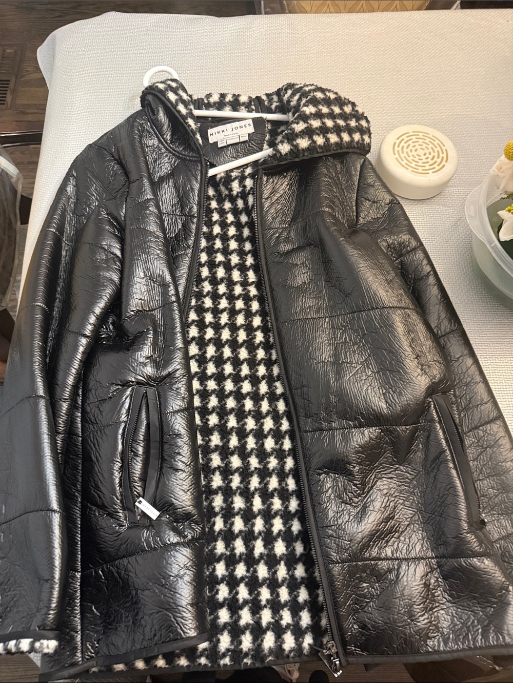 Womens Black Puffer Jacket with Houndstooth Trim - NINE WEST
